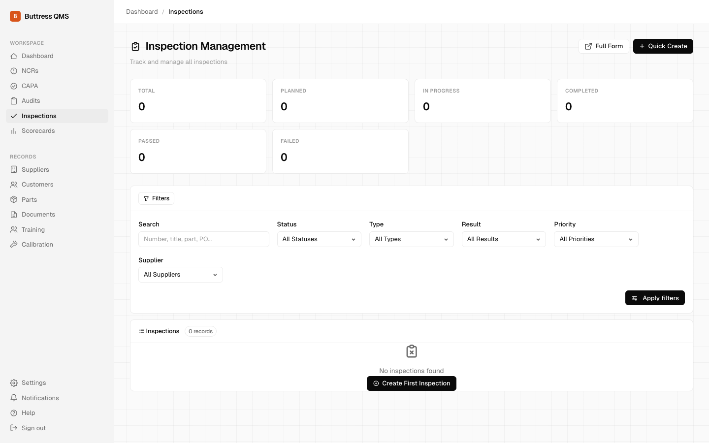 Inspection management dashboard with status counts and a filter strip