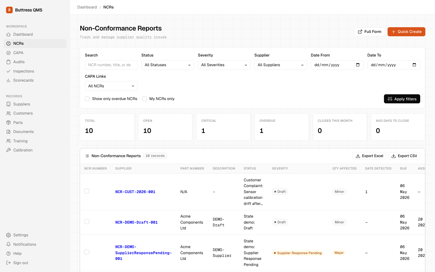 Non-conformance report list with severity, supplier, and disposition