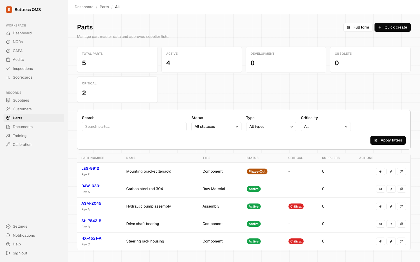 Parts master with revision, type, status, and criticality