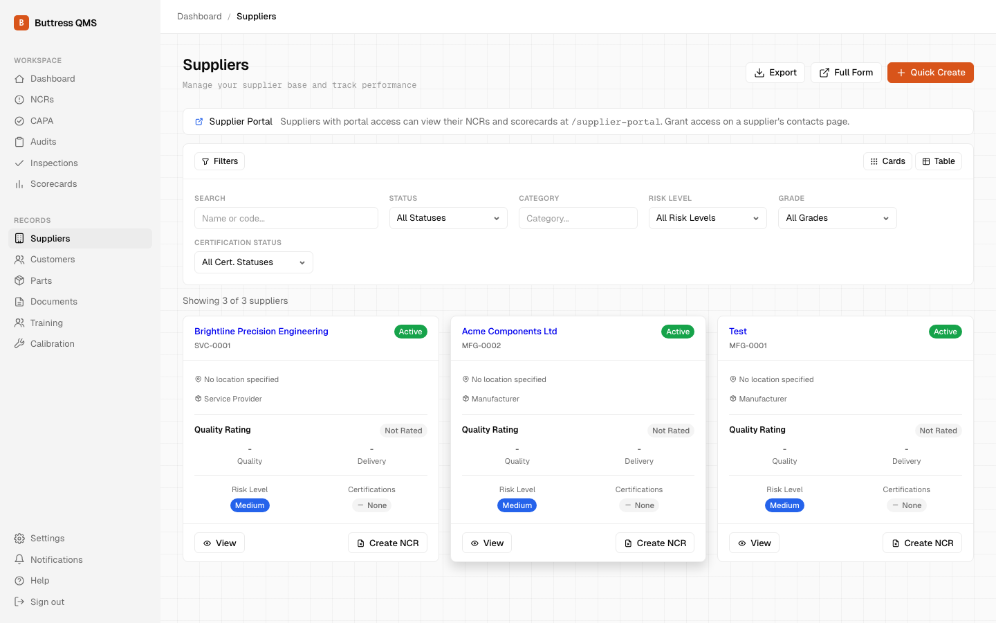 Supplier list with status, certifications, and risk levels